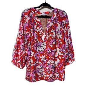 TRINA TURK Silk Floral V-Neck Lace Insert Blouse, Sz L